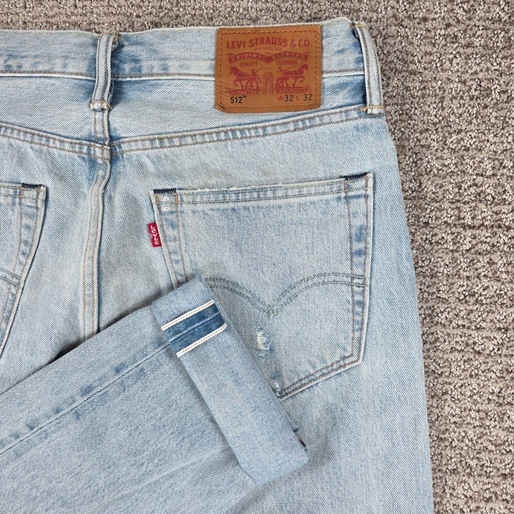 Levis 512 Slim Taper Selvedge Jeans Mens 32x30 Light Wash Blue Denim Distressed